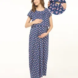 Bella Mama 100% Cotton Knit Concealed Zipper Half Sleeves Nursing Nighty Floral Print - Navy Blue-picture-22