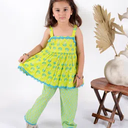 Superminis Sleeveless Jaipuri Flower Motif Printed & Gota Lace Embellished Kurta & Pant Set - Green-picture-11