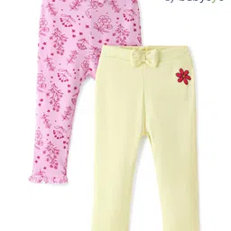 Babyoye Eco Conscious 100% Cotton Full Length Floral Printed Pajamas With Bow Applique Pack of 2- Cream & Pink-image-94