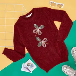 Pantaloons Junior Cotton Full Sleeves Butterfly Sequin Embellished  Sweater - Maroon-picture-10