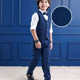 Mark & Mia Cotton Woven Full Sleeves Solid Colour 3 Piece Party Suit With Bow - Navy Blue-picture-28