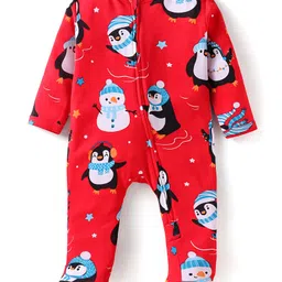 Babyhug Cotton Knit Full Sleeves Penguin Printed Footed Front Open Sleep Suit - Red-picture-12