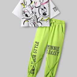 OLLINGTON St. Disney Single Jersey Knit Half Drop Shoulder Sleeves Oversize Crop T-Shirt And Trouser With Flap Pocket And Minnie Mouse Graphics - Green & White-image-13