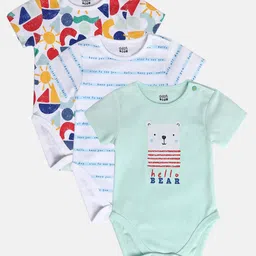 MINI KLUB Cotton Pack Of 3 Half Sleeves Baby Polar Bear & Typography Printed Onesies - Blue & White image 1