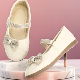 Chiu Diamond Embellished Bow Applique Detailed With Velcro Closure Mary Jane Ballerinas - Cream image 1