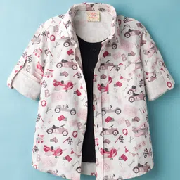 Rikidoos Full Sleeves Vehicles Printed Shirt With Attached Tee - White & Black-picture-27