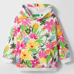 UCB Cotton Knit Full Sleeves Hooded Sweatshirt With Floral Print & Kangaroo Pockets - White-picture-19