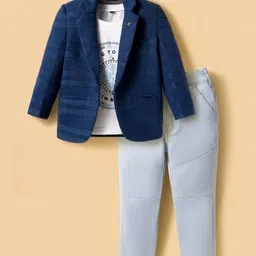 Dapper Dudes Full Sleeves Textured Blazer With Typography Printed Tee & Pant Set - Navy Blue-picture-36