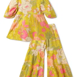 Tales & Stories Viscose Woven Three Fourth Puffed Sleeves Floral Printed & Gota Lace Embellished Peplum Top & Sharara Set - Lime Yellow image 1