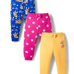 Babyhug Cotton Knit Full Length Lounge Pants With Floral & Bunny Print Pack of 3 - Navy Blue Pink & Yellow-picture-17