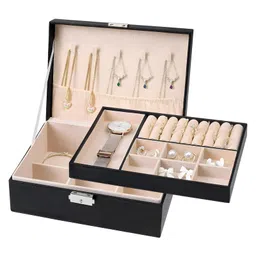 COZY VIBES Jewelry box,women and girls jewelry organizer,double layer PU leather travel jewelry organizer for earrings,rings,necklaces,watches, Gifts- PACK OF 1- COLOR MAY VARY image 2