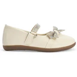 Chiu Diamond Embellished Bow Applique Detailed With Velcro Closure Mary Jane Ballerinas - Cream image 4