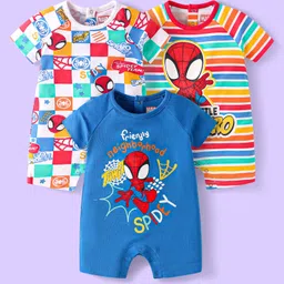 Babyhug Marvel Interlock Knit Half Raglan Sleeves Rompers With Spider-Man Graphics Pack of 3 - Blue Red & White image 4
