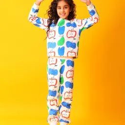 Anthrilo Fleece Knit Full Sleeves Fruits Printed Coordinating Winter Sweatshirt & Jogger Set - White image 5