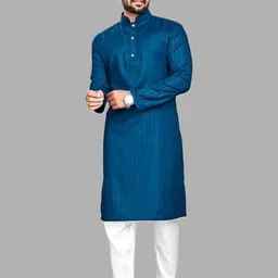 click n buy VINAARI Men Solid A-line Kurta (Blue)-picture-31