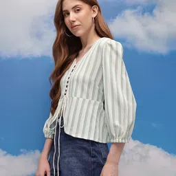 CORSICA Striped Puff Sleeve Peplum Crop Top image 5