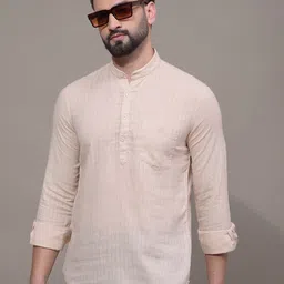 Crimsoune Club Striped Band Collar Thread Work Pathani Kurta-image-64