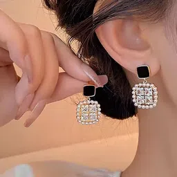 DIVASTRI Gold Plated American Diamond Studded Square Korean Drop Earrings image 5