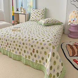 JC HOME White & Green Printed Double Bed King Cover With Pillow Covers image 4