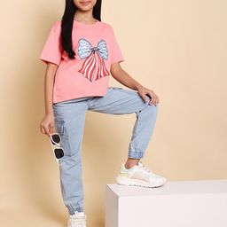 HERE&NOW Girls Printed Short Sleeves Pure Cotton T-shirt With Joggers-picture-4