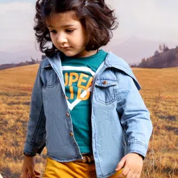 Babyoye 100% Cotton Full Sleeves Solid Washed Denim Dyed Hooded Shirt - Blue-image-40