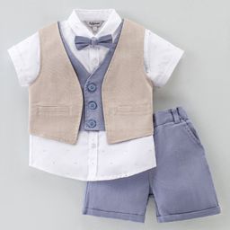 ToffyHouse Half Sleeves Three Piece Party Suit With Bow - Beige Blue & White-picture-47