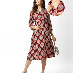 Bella Mama Woven Three Fourth Sleeves  Maternity Dress with Handblock Print - Maroon-picture-23