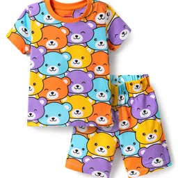 Babyhug Cotton Knit Half Sleeves Co-ords Shorts Night Suit with Bear Print - Orange-picture-19