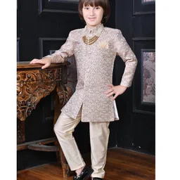 Ahhaaaa Jacquard Full Sleeves Floral Foil Printed Indo Western Sherwani & Pant Set - Beige-picture-10