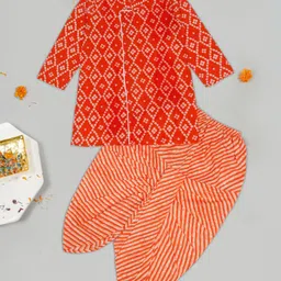Little Ginnie Cotton Full Sleeves Bandhani Designed Kurta Dhoti Set - Orange-picture-11
