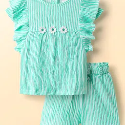 Babyhug Cotton Woven Frill Sleeves Top & Shorts Set with Stripes & Floral Applique - Aqua Blue-picture-28