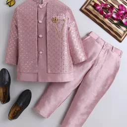 Ahhaaaa Cotton Silk Blend Full Sleeves Floral Embroidered Sequins Embellished Sherwani & Pant Set - Pink-picture-12