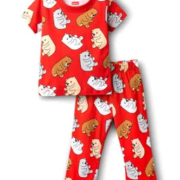 Babyhug Cotton Knit Half Sleeves Co-ords Night Suit With Bear Print - Red-picture-30