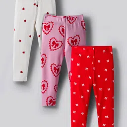 Bonfino 100% Cotton Knit Full Length Heart & Bow Printed Leggings Pack of 3 - Red Light Pink & White-image-72