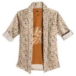 Charchit Cotton Blend Woven Full Sleeves Abstract Printed Shirt With Inner Tee - Coffee-picture-14
