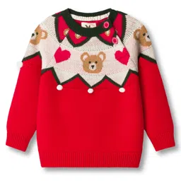 Yellow Apple Viscose Knit Full Raglan Sleeves Pullover Sweater with Heart & Bear Design - Red-picture-23