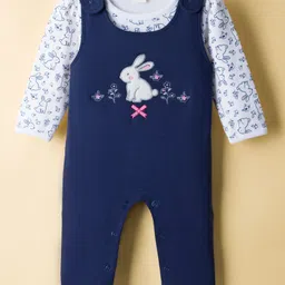 ToffyHouse Knit Full Sleeves T-Shirt & Dungaree Style Romper With Animal Print & Embroidery - Navy Blue & White-image-29