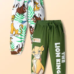 Babyhug Disney Terry Knit Track Pants with The Lion King Graphic Pack of 2 - White & Green image 1