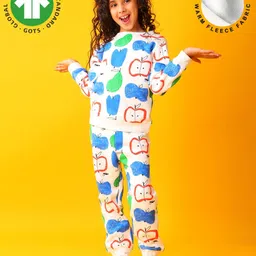 Anthrilo Fleece Knit Full Sleeves Fruits Printed Coordinating Winter Sweatshirt & Jogger Set - White-picture-37