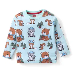 Babyhug Cotton Knit Full Sleeves T-Shirt & Dungaree Set with Bear Print - Red & Blue image 2