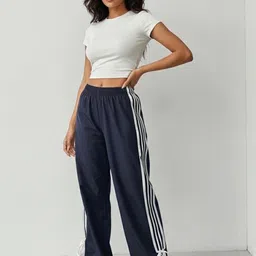 Moda Rapido Women Navy Blue Nylon Striped Regular Trousers-picture-37