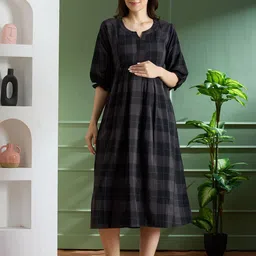 NIGHTSPREE Checked Puff Sleeve Maternity A-Line Dress-image-1