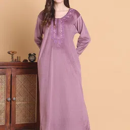 Secret Wish Pink Solid Velvet Full Length Winter Night Dress-picture-31