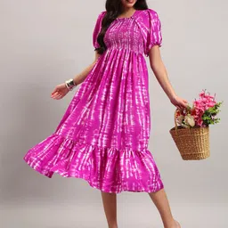 Femvy Tie & Dyed Printed Smocked Square Neck Fit And Flare Dress-image-63