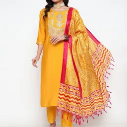 HouseOfCommon Floral Yoke Design Chanderi Silk Straight Kurta With Trousers & Dupatta-image-0