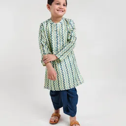 Babyhug 100% Cotton Full Sleeves Kurta and Dhoti Set Zig Zag Print - Beige & Navy-picture-16