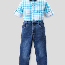 Ollington St. 100% Cotton Full Sleeves Checkered Shirt & Jeans Party Wear Set with Bow - White & Indigo Blue-picture-17