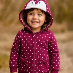 Babyhug Full Sleeves Front Open Sweatjacket with Hood Zipper & 3D Appplique Polka Dot Print -  Maroon-picture-17