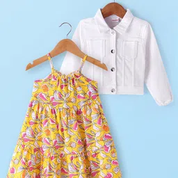Babyhug Single Jersey Knit Floral Printed Frock with Full Sleeves Solid Colour Jacket - White & Yellow-picture-33