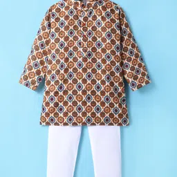 Ridokidz Full Sleeves Floral Printed Kurta Pyjama - Cream & Brown-picture-30